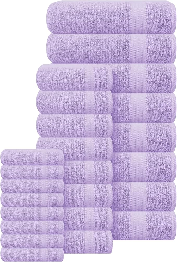 GLAMBURG Ultra Soft 24-Piece Towel Set - 100% Pure Ringspun Cotton, Contains 8 Oversized Bath Towels 27x54, 8 Hand Towels 16x28, 8 Wash Cloths 13x13 - Ideal for Everyday use, Hotel & Spa - Purple