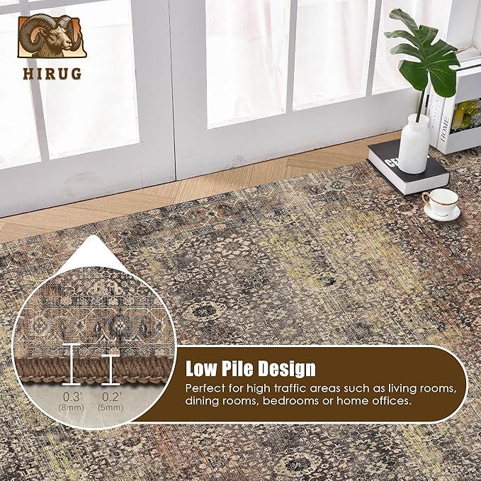 Washable Area Rug 6' x 9' Vintage Traditional Persian Mat - Foldable Distressed Non-Slip Machine Washable Carpet for Living Room Bedroom Kitchen Home Decor - Umber and Slate