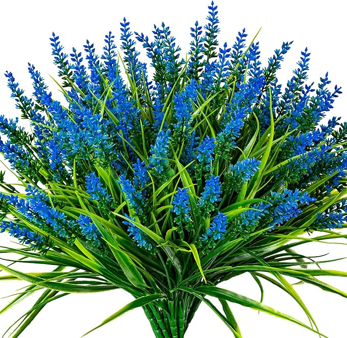 Artificial Flowers for Outdoor Plants 24 Bundles Fake Lavender Plastic Faux Monkey Grass for Verandah Window Garden Office Patio Front Porch UV Resistant for Planter(Blue)