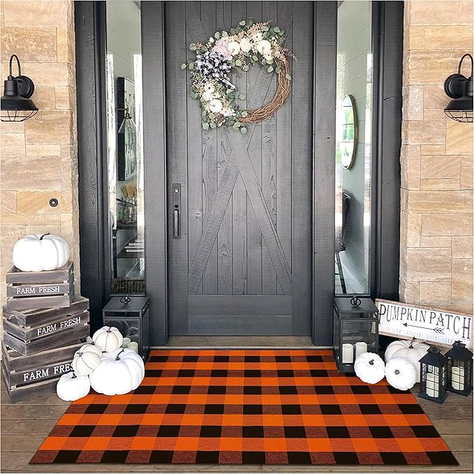 KOZYFLY Buffalo Plaid Rug 4x6 Ft Orange and Black Outdoor Rugs Washable Checke Orange Rug Cotton Hand-Woven Halloween Door Mat Outdoor Indoor Fall Area Rugs for Front Door Patio Kitchen Bedroom