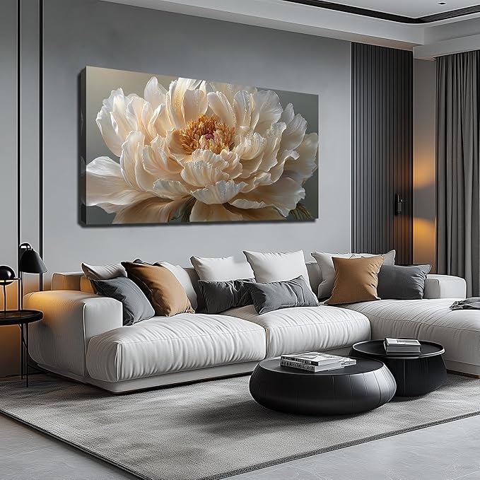 Large Floral Canvas Wall Decor for Bedroom Living Room Office Light Yellow Wall Art Flower Picture Art White Peony Modern Artwork Posters 24"x48"