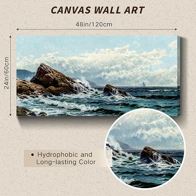 crmotu Large Canvas Wall Art, Coastal Landscape Painting Art Prints, Ocean Rock Wave Vintage Wall Decor, Blue Natural Scenery Wall Pictures for Living Room Bedroom Bathroom, Modern Home Decor 24"X48"