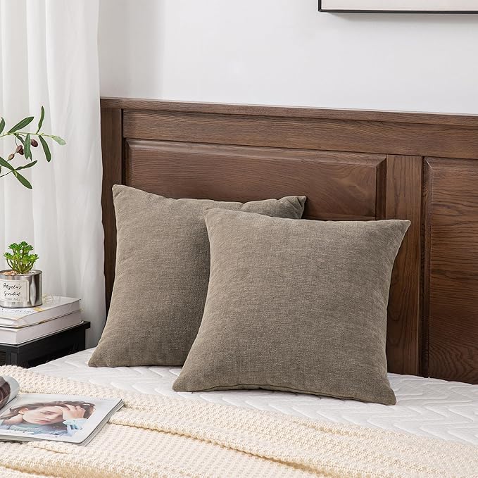 GAWAMAY Decorative Throw Pillow Covers 16x16 Inch Set of 2, Super Soft Chenille Square Pillows Farmhouse Fall Pillowcase for Living Room Bedroom Sofa Couch Cushion Cover Taupe Grey 40x40cm
