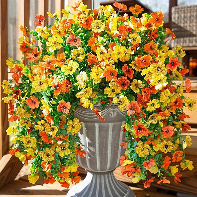 INSPRING Artificial Flowers for Outdoors Fake Mums Hanging Plants Decor, 2Pcs Silk Daisy with Eucalyptus UV Resistant Look Real Trailing Vines for Planter Front Door Patio Yard, OrangeYellow
