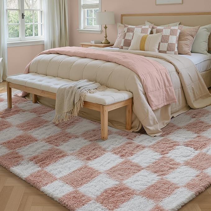 Checkered Rug 6x9 for Living Room, Pink and White Modern Shag Rug Washable Non-Slip Large Area Rug Super Soft Indoor Fuzzy Carpet Fluffy Rugs for Bedroom Home Aesthetic Decor