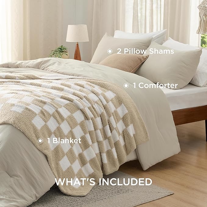 Bedsure Queen Comforter Set with Checkered Throw Blanket for Couch - 4 Pieces, 1 Beige Comforter Queen Size, 2 Pillow Shams, 1 Checkered Blanket, Super Soft, Lightweight & Fluffy for Bed & Sofa