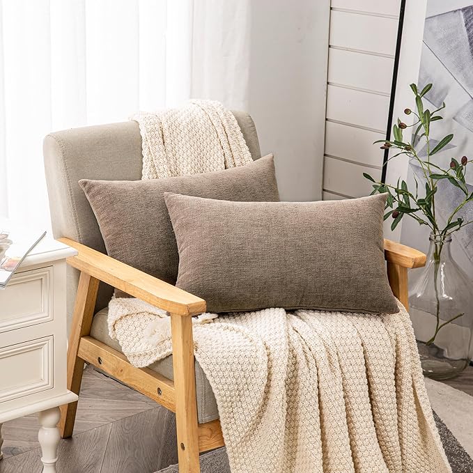 GAWAMAY Lumbar Pillow Decorative Rectangle Throw Pillow Covers 12"x20" Inch Set of 2, Super Soft Chenille Pillowcase for Living Room Bedroom Sofa Couch Cushion Cover Taupe Grey 30x50cm (ONLY Covers)