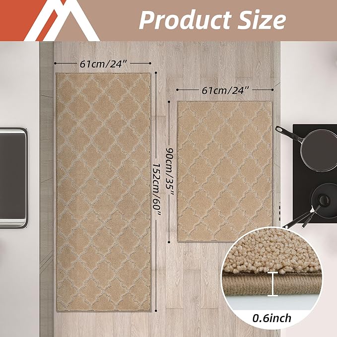 COSY HOMEER Soft Kitchen Rugs [2 PCS] for in Front of Sink Super Absorbent Kitchen Floor Mats and Mats 24x35 Inch/24X60 Non-Skid Kitchen Mat Standing Mat Washable,Polyester,Beige