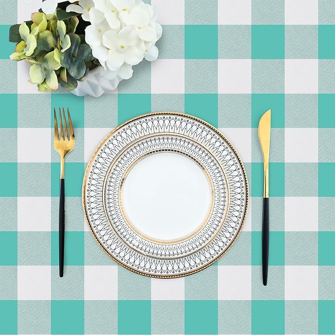 misaya Rectangle Waterproof Vinyl Table Cloth, Buffalo Flannel Backed Tablecloth, Wipeable Plastic Table Cover for Dinner, Kitchen, Outdoor (60" x 102", Teal and White)