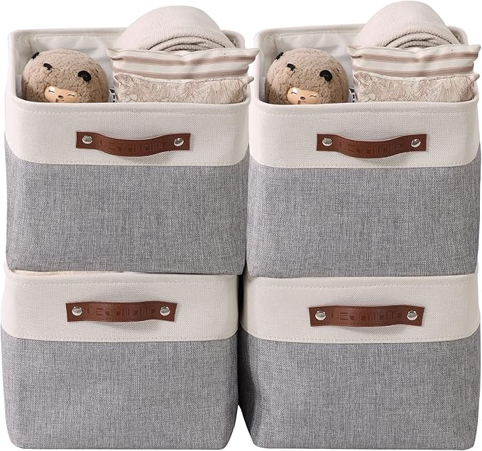 DECOMOMO Storage Baskets for Shelves - Fabric Closet Organizers and Storage Bins, Perfect Baskets for Organizing Closet Toys Nursery (Grey and White, Large - 4 Pack)