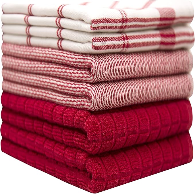 Premium Kitchen Towels (20”x 28”, 6 Pack) – Large Cotton Kitchen Hand Towels – Flat & Terry Towel – Highly Absorbent Tea Towels Set with Hanging Loop (Red Check)
