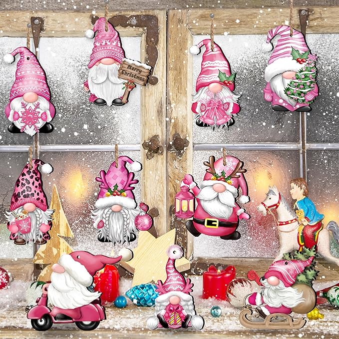 Christmas Wooden Hanging Ornaments, Wood Hanging Decor for Christmas Tree Decoration Gnome Santa Doll Wooden Hanging Craft Gnome Elf Party Supplies (Xmas-Gnomes-D)