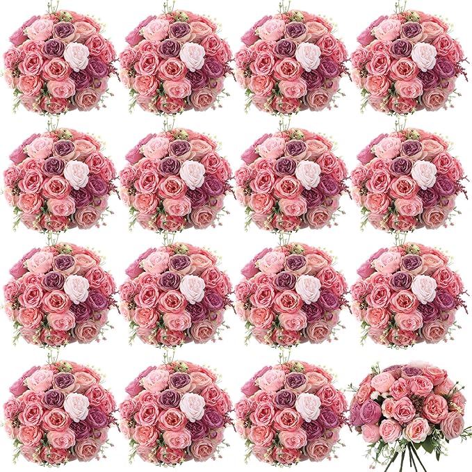 Geosar 16 Bundles Artificial Peonies Flowers Fake Silk Peony Bouquet Faux Peonies Flowers Bulk for Decoration Vase Florals Arrangements Wedding Party Table (Pink Lavender)