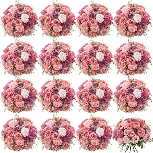 Geosar 16 Bundles Artificial Peonies Flowers Fake Silk Peony Bouquet Faux Peonies Flowers Bulk for Decoration Vase Florals Arrangements Wedding Party Table (Pink Lavender)