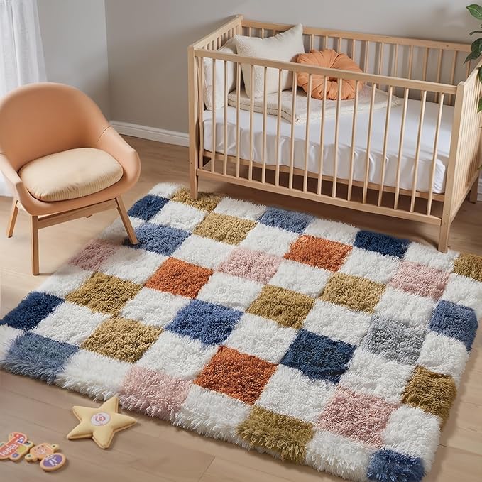 Checkered Rug 4x6 for Living Room, Modern Rainbow Shag Rug Super Soft Washable Fluffy Rugs Indoor Fuzzy Carpet for Bedroom Home Dorm Aesthetic Decor