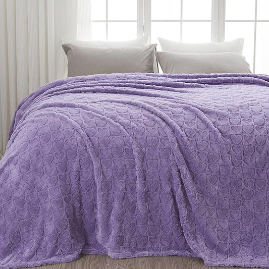 NEWCOSPLAY Super Soft Queen Blanket Lavender Love Premium Silky Flannel Fleece 3D Heart Checkered Lightweight Bed Blanket All Season Use (Lavender Love, Queen(90"x90"))