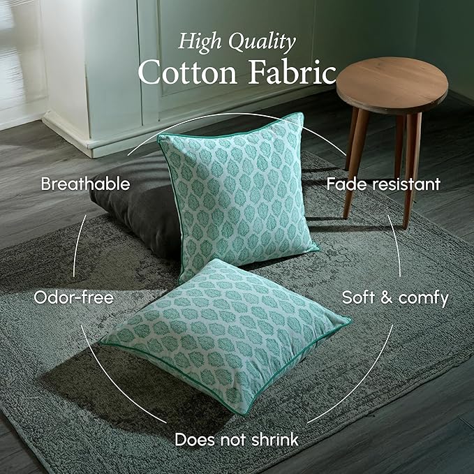 CPC 100% Cotton Throw Pillow Covers 18x18 Inch, Set of 2 Green Block Print Pattern Couch Pillow, Cute Boho Decorative Pillows for Living Room, Bedroom with Hidden Zipper- Sea Green