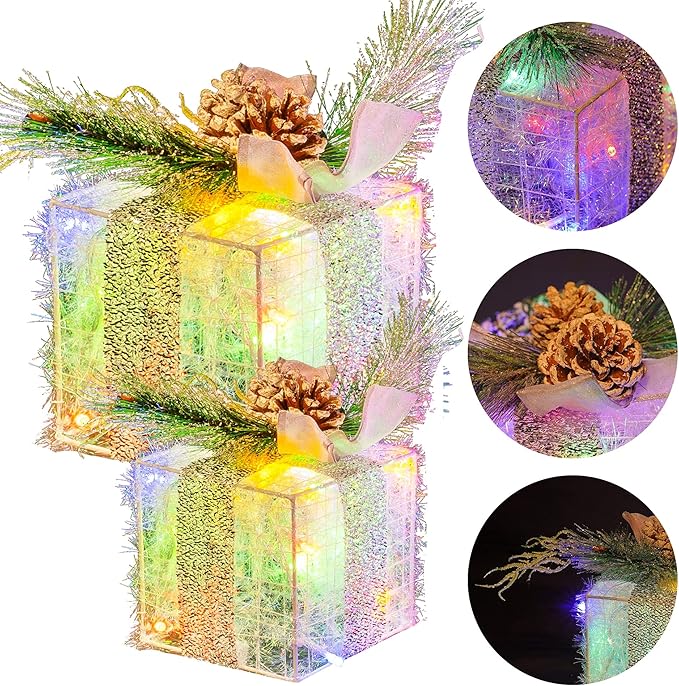 Hourleey Set of 3 Christmas Lighted Gift Boxes, Pre-lit 60 LED Light Up Present Boxes Ornament Outdoor Multi Color Tinsel Boxes Decoration for Indoor Christmas Home Yard Lawn Decor