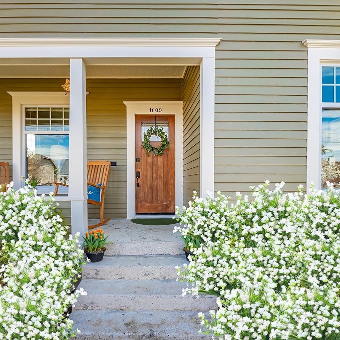 Sggvecsy Artificial Flowers for Outdoors 24 Bundles UV Resistant Boxwood Shrubs Artificial Eucalyptus Fake Plants Faux Plastic Greenery for Farmhouse Garden Home Indoor Outdoor Decoration（White）