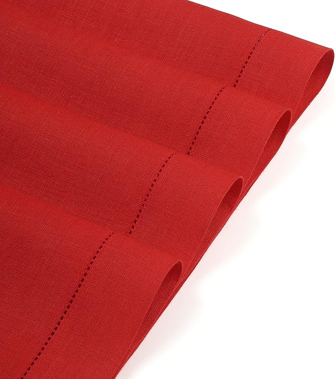 D'Moksha Homes Linen Placemats Set of 4 - Classic Hemstitch Bright Red Placemats 14 x 19 Inch - 100% Pure Linen Table Mats for Fall, Autumn and Halloween - Handcrafted and Machine Washable