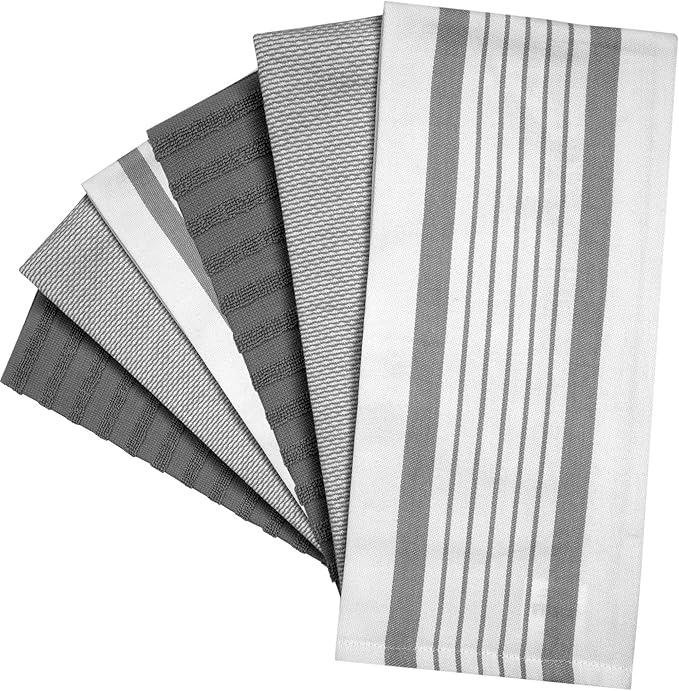 6 Pack 20x28" Absorbent Cotton Kitchen Towels with Hanging Loop - Grey Striped