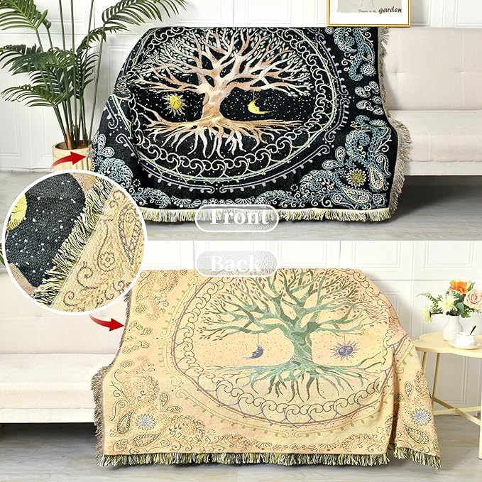 Boho Throw Blanket Reversible Cotton Bohemian Tapestry Hippie Room Decor Outdoor Blanket Double Sided (Boho Tree 50"x60")