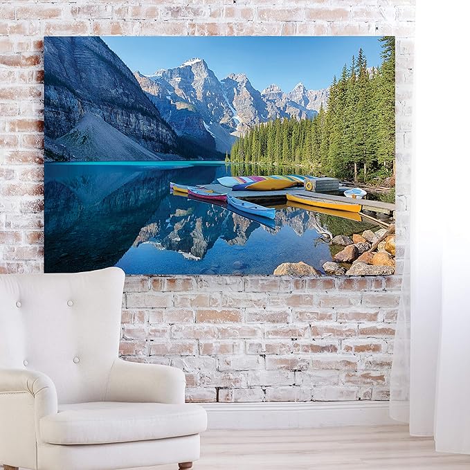 Renditions Gallery Nature Home Decor for Home Banff Canoe Docked along side Mountain Lake Canvas Hanging Artwork for Bedroom Living Room Office Wall - 24"X36" LT08