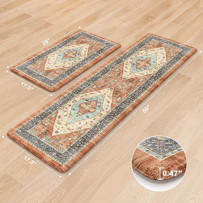 KIMODE Anti Fatigue Kitchen Mats for Floor, Boho Vintage Kitchen Rugs Sets of 2, Cushioned Kitchen Floor Mats Non Slip, Comfort Rugs for Kitchen Floor Sink Laundry Desk Orange 17.3"x29"+17.3"x59"