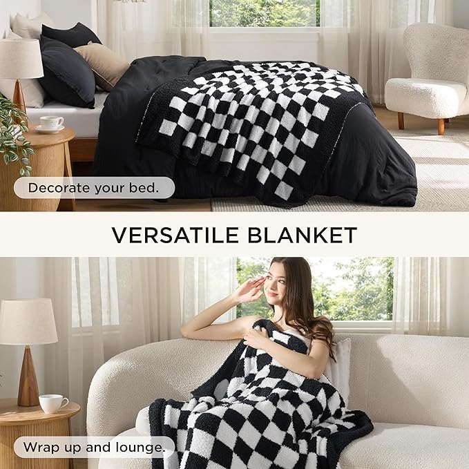 Bedsure Queen Comforter Set with Checkered Throw Blanket for Couch - 4 Pieces, 1 Black Comforter Queen Size, 2 Pillow Shams, 1 Checkered Blanket, Super Soft, Lightweight & Fluffy for Bed & Sofa