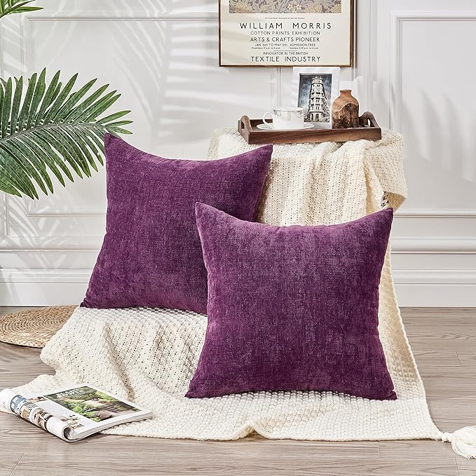 GAWAMAY Decorative Throw Pillow Covers 16x16 Inch Set of 2, Super Soft Chenille Square Pillows Farmhouse Fall Pillowcase for Living Room Bedroom Sofa Couch Cushion Cover Purple 40x40cm (No Insert)
