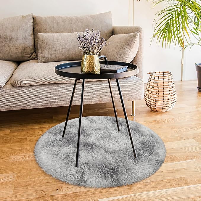 Tie Dye Grey Round Rugs Small 3x3 ft Fluffy Circle Rug Furry Carpet Shaggy Circular Fuzzy Plush Area Rug for Girls Bedroom Kids Room Living Room Nursery Cute Room Decor Pet mat Doormat