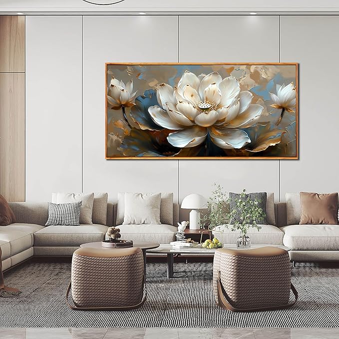 White Lotus Painting Wall Art for Living Room - Gold Flower Wall Decor for Office - Framed Wall Art for Bedroom Size 29" x 59"
