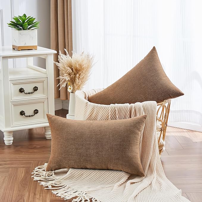 GAWAMAY Lumbar Decorative Throw Pillow Covers 12"x20" Inch Set of 2, Super Soft Chenille Rectangle Pillowcase for Living Room Bedroom Sofa Couch Cushion Support Pillow Cover 30x50cm Brown (No Insert)