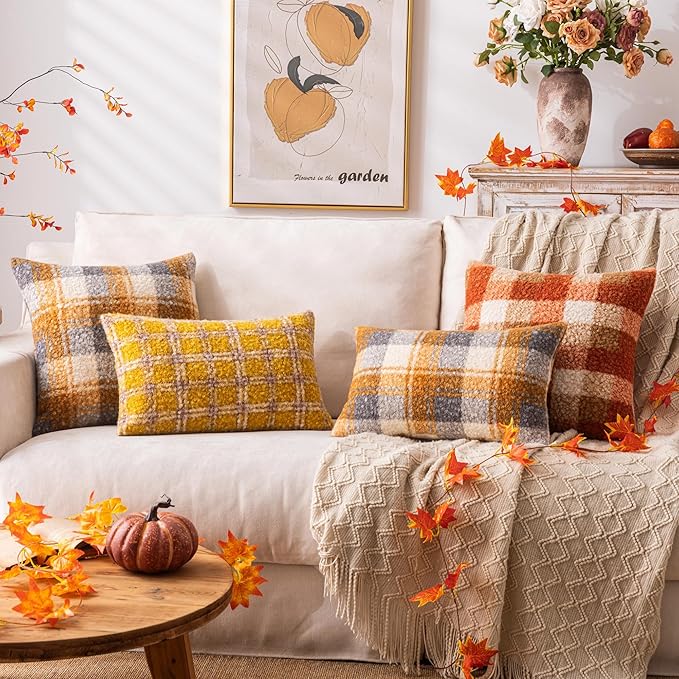 Orange Plaid Fall Throw Pillow Covers 12x20 Inch Set of 2, Boucle Decorative Pillow Covers,Cozy Fluffy Home Living Room Farmhouse Decor for Sofa Couch Bed