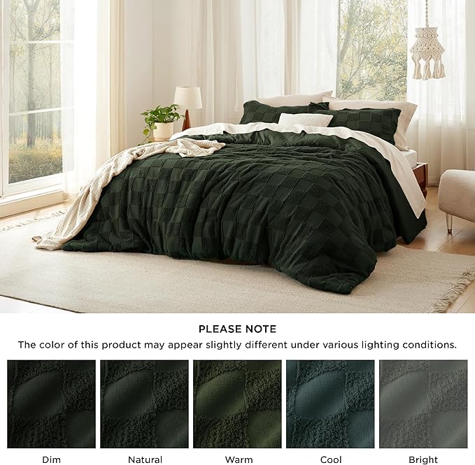 Bedsure King Size Comforter Set Dark Olive Green, Boho Tufted Bed Set, Checkered Farmhouse Shabby Chic Bedding, 3 Pieces, 1 Plaid Geometric Comforter and 2 Pillow Shams