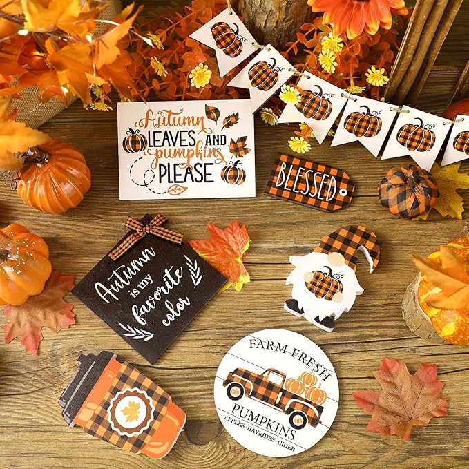 Maitys 13 Pcs Fall Tiered Tray Decor Set Thanksgiving Pumpkin Gnome Rustic Farmhouse Decoration Autumn Decor Autumn Harvest Decorative Trays Wooden Tabletop Signs for Home Kitchen(Orange Plaid Style)