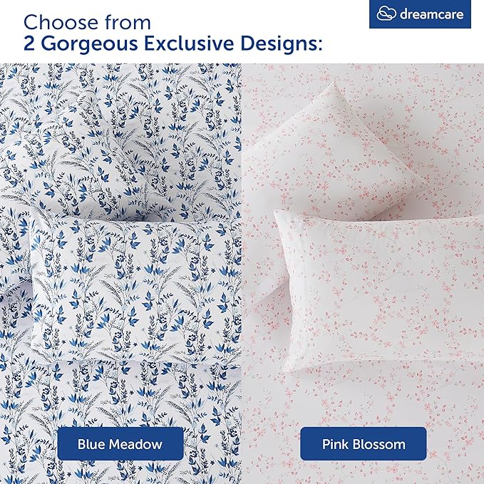 DREAMCARE Twin Size Sheets - Cooling Bed Sheets - Twin Sheet Set - Soft & Long Lasting 100% Fine Brushed Floral Blue Sheets