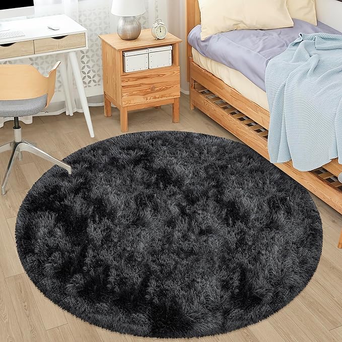 4x4 ft Tie Dye Black Round Rug for Bedroom Room Fluffy Circle Rug Furry Carpet Shaggy Circular Fuzzy Washable Non-Slip Large Area Rug Soft Indoor for Living Room Cute Aesthetic Home Decor