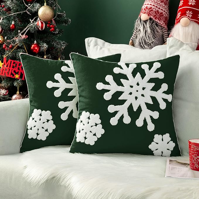 MIULEE Pack of 2 Christmas Decorative Snowflake Throw Pillow Covers Canvas Embroidery Winter Cushion Cases Holiday Decor Soft Pillowcases for Winter Couch Sofa Bedroom Car（Dark Green, 16x16in）