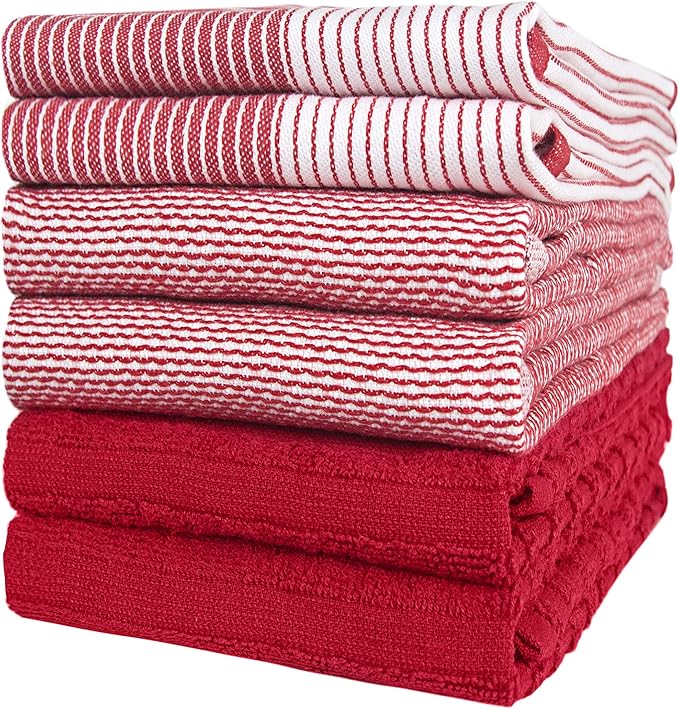 Premium Cotton Kitchen Towels (20”x 28”, 6 Pack) | Large Absorbent Terry & Flat Towel Set with Hanging Loop | Red