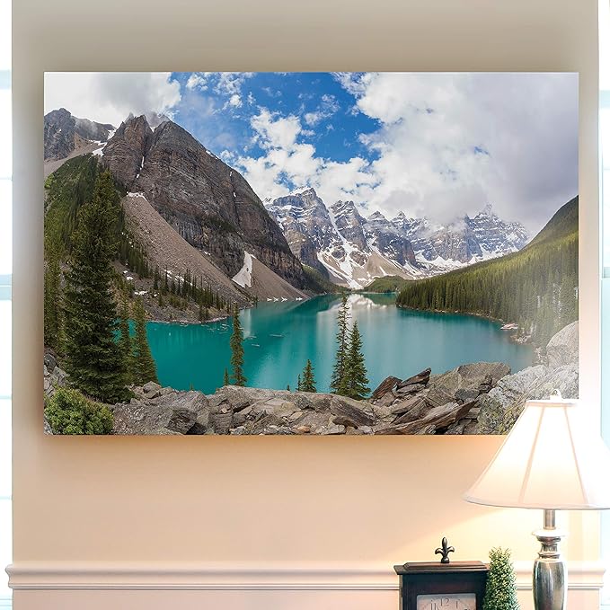 Renditions Gallery Canvas Nature Artwork Banff Valley Snowy Mountaing Range along the Lake Hanging Prints for Living Room Office Walls - 32"X48" LT08