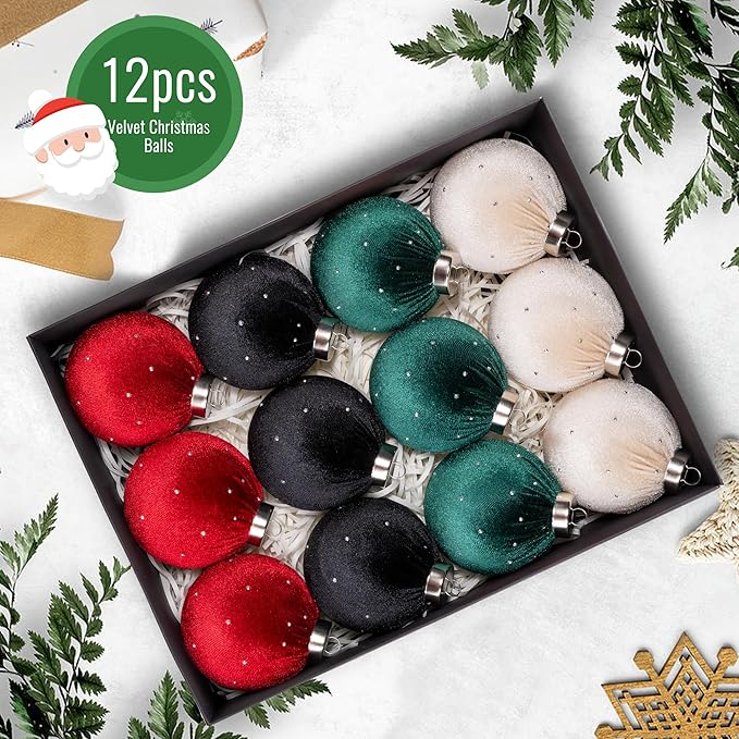 Christmas Tree Ornaments Set Velvet Balls, 12pcs Shatterproof Christmas Bulbs Ornaments for Xmas Tree Decorative Hanging, Vintage Flocked Decoration, 78mm, 3.1in, Multicolor Green Neutral Red Black