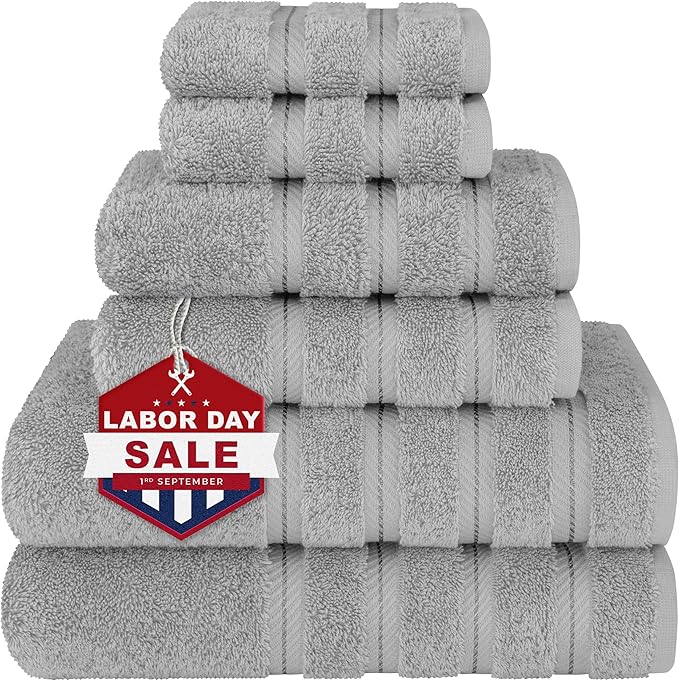 American Soft Linen Luxury 6 Piece Towel Set, 2 Bath Towels 2 Hand Towel 2 Washcloths, 600 GSM 100% Cotton Turkish Towels for Bathroom, Light Grey Towel Sets