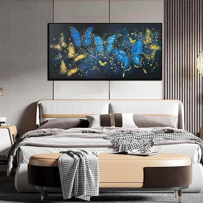 Bedroom Butterfly Pictures Wall Decor for Women - Gold and Blue Wall Art for Living Room - Framed Hand Painted Oil Paintings on Canvas Wall Art Size 29" x 59"