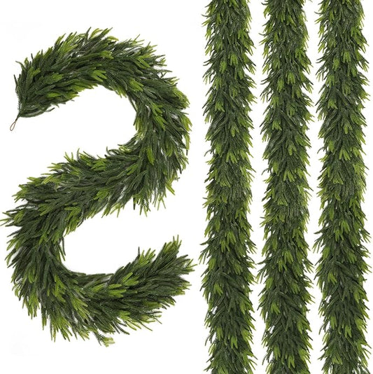 N&T NIETING 9FT Christmas Norfolk Pine Garland, Real Touch Pine Garlands Faux Greenery Garland Winter Christmas Garland for Table Mantle Holiday Indoor Outdoor Xmas Decorations (4 Pcs)