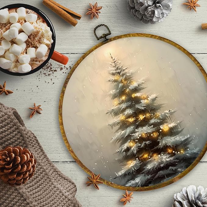 CUANFDDSF Vintage Christmas Tree Round Wall Art Decor, Rustic Cottagecore Forest Winter Xmas Tree Wall Hanging Frame Decor, Farmhouse Christmas Canvas Prints Decorations for Home Bedroom, 10x10 Inch