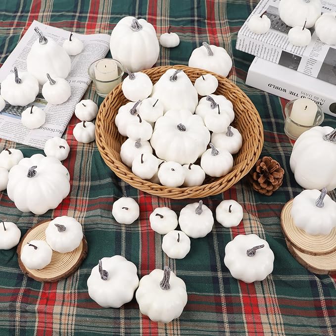 winemana 46 Pcs Assorted Size Artificial Pumpkins Fall Decorations, White Foam Pumpkin Autumn Decor, Decorative Faux Pumpkin for Halloween Thanksgiving Table Centerpiece Mantle Bowl Wedding Party