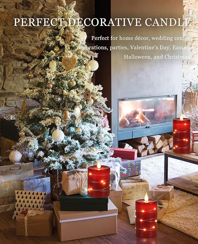 Da by Red Flameless Candles with String Lights, Battery Operated Candles with Remote Control and Timer,Flickering LED Pillar Candles for Home Décor,Real Wax,3 Pack -Red