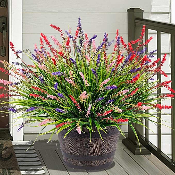 Artificial Faux Plants Flowers for Outdoor Decorations, Fake Monkey Grass for Outside Porch Patio, No Fade Realistic Greenery Plant, UV Resistant Artificial Bush Shrubs for Courtyard Window Garden