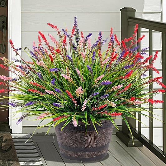 Artificial Faux Plants Flowers for Outdoor Decorations, Fake Monkey Grass for Outside Porch Patio, No Fade Realistic Greenery Plant, UV Resistant Artificial Bush Shrubs for Courtyard Window Garden